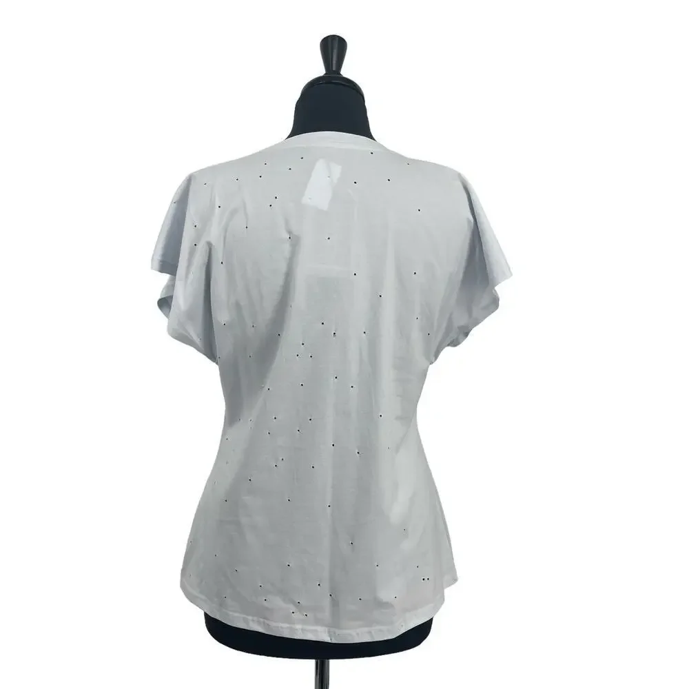 Balboa Women’s White Sequins Heart Lip Holes All Over Short Sleeve Tee T-shirt - Picture 3 of 11